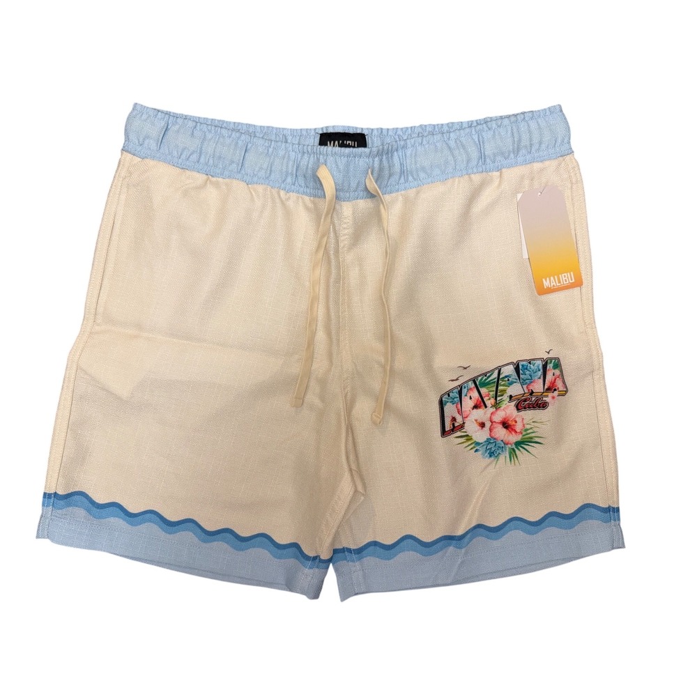 Malibu by Drill Clothing Co Men Cream Blue Cuba Tropical Shorts XL D2669-X6058